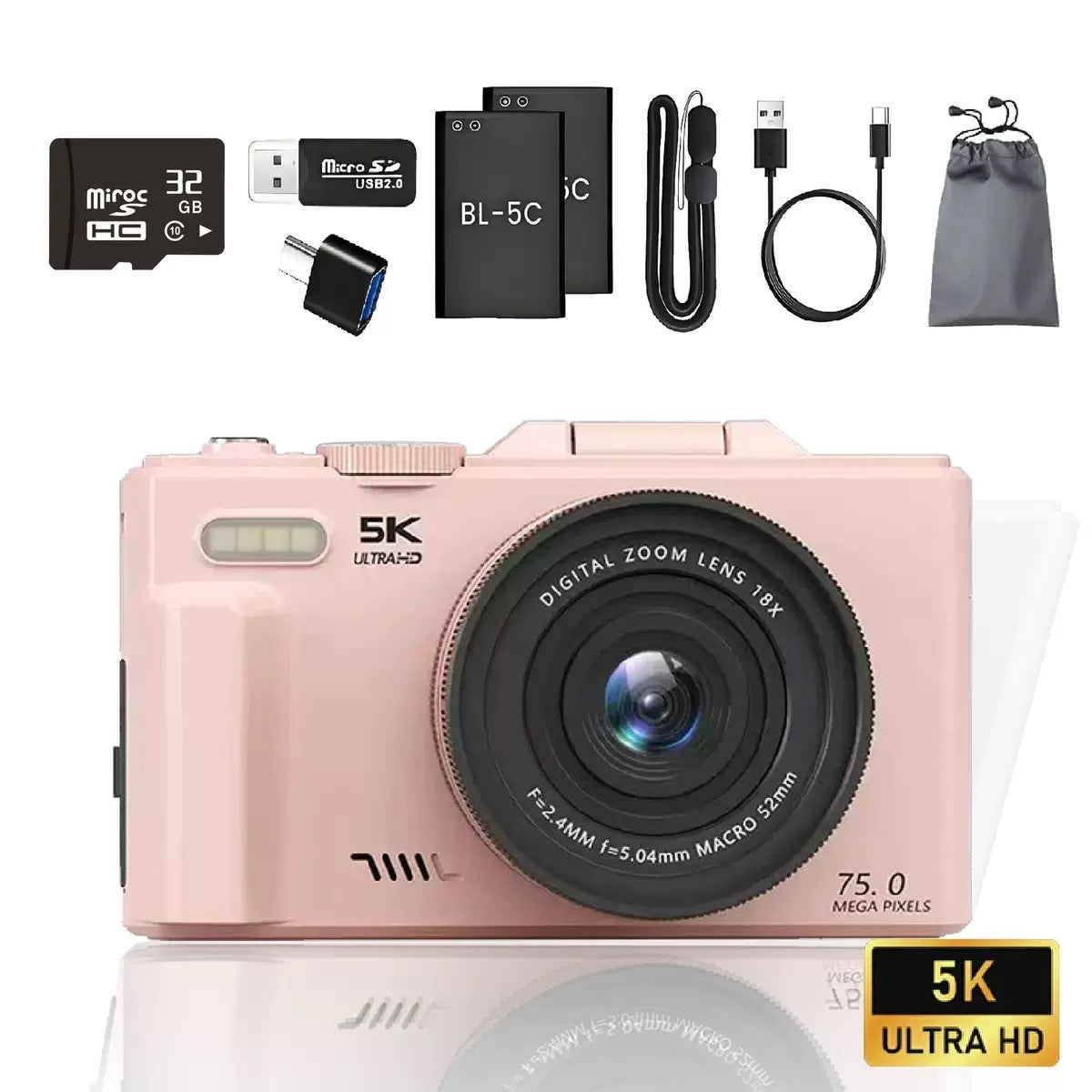 Point and Shoot Digital Camera 5K 64MP Flip Screen 18X Zoom 32GB Vlogging Camera