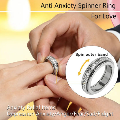 Titanium Steel Spinner Fidget Ring With Cubic Zirconia For Stress Relief & Wedding Promise Comfort Fit Size 5 To 12
