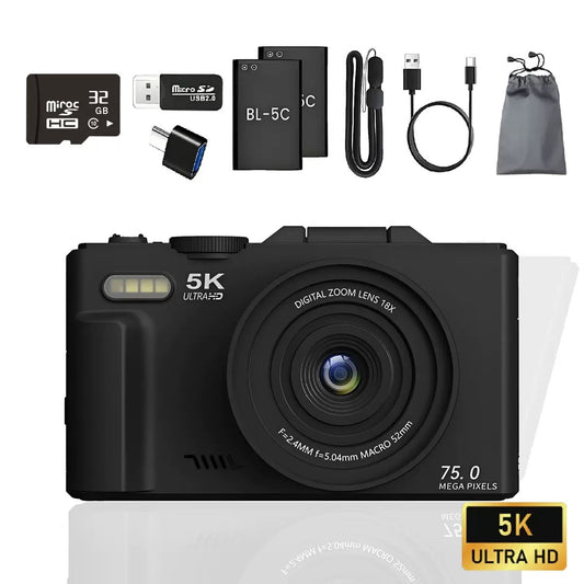 Point and Shoot Digital Camera 5K 64MP Flip Screen 18X Zoom 32GB Vlogging Camera