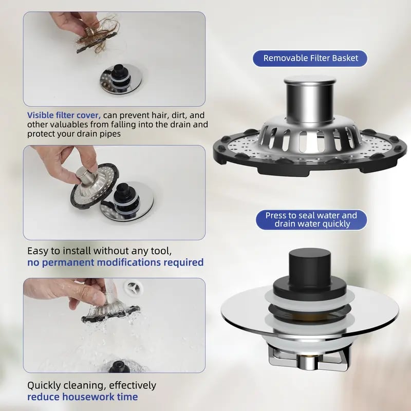 3-in-1 Bathroom Decor Sink Stopper - Anti-Clogging Quick Drain