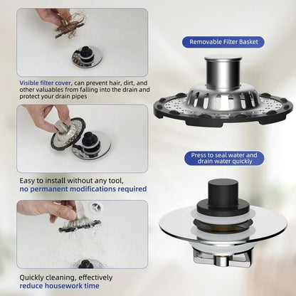 3-in-1 Bathroom Decor Sink Stopper - Anti-Clogging Quick Drain
