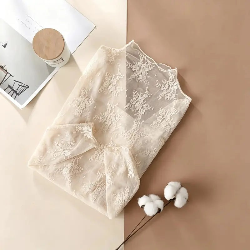Elegant Lace Mesh Long Sleeve Tight Fit Innerwear Top Soft Breathable Stretchy Lightweight