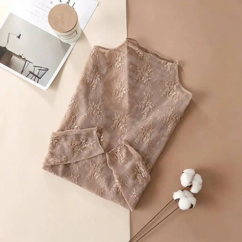Elegant Lace Mesh Long Sleeve Tight Fit Innerwear Top Soft Breathable Stretchy Lightweight