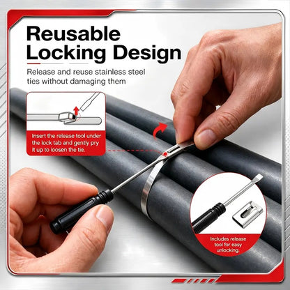 Heavy Duty 304 Stainless Steel Cable Tie Tool Set 11.8 Inch Self Locking Metal Zip Ties Removal Screwdriver
