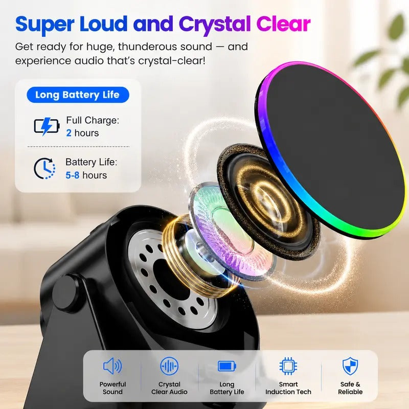 5-in-1 Wireless Bluetooth Speaker with 360° LED Stand & Universal Phone Holder