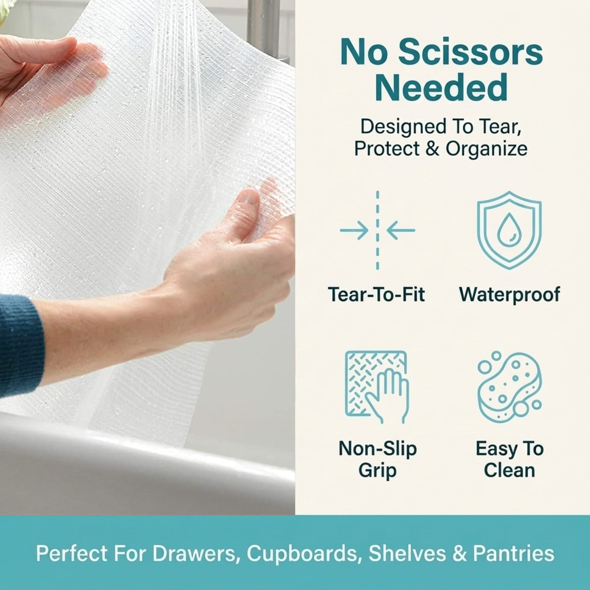Zip-N-Fit Grip Liner Tear to Fit Non Slip Shelf Drawer Cabinet Liner No Scissors No Measuring