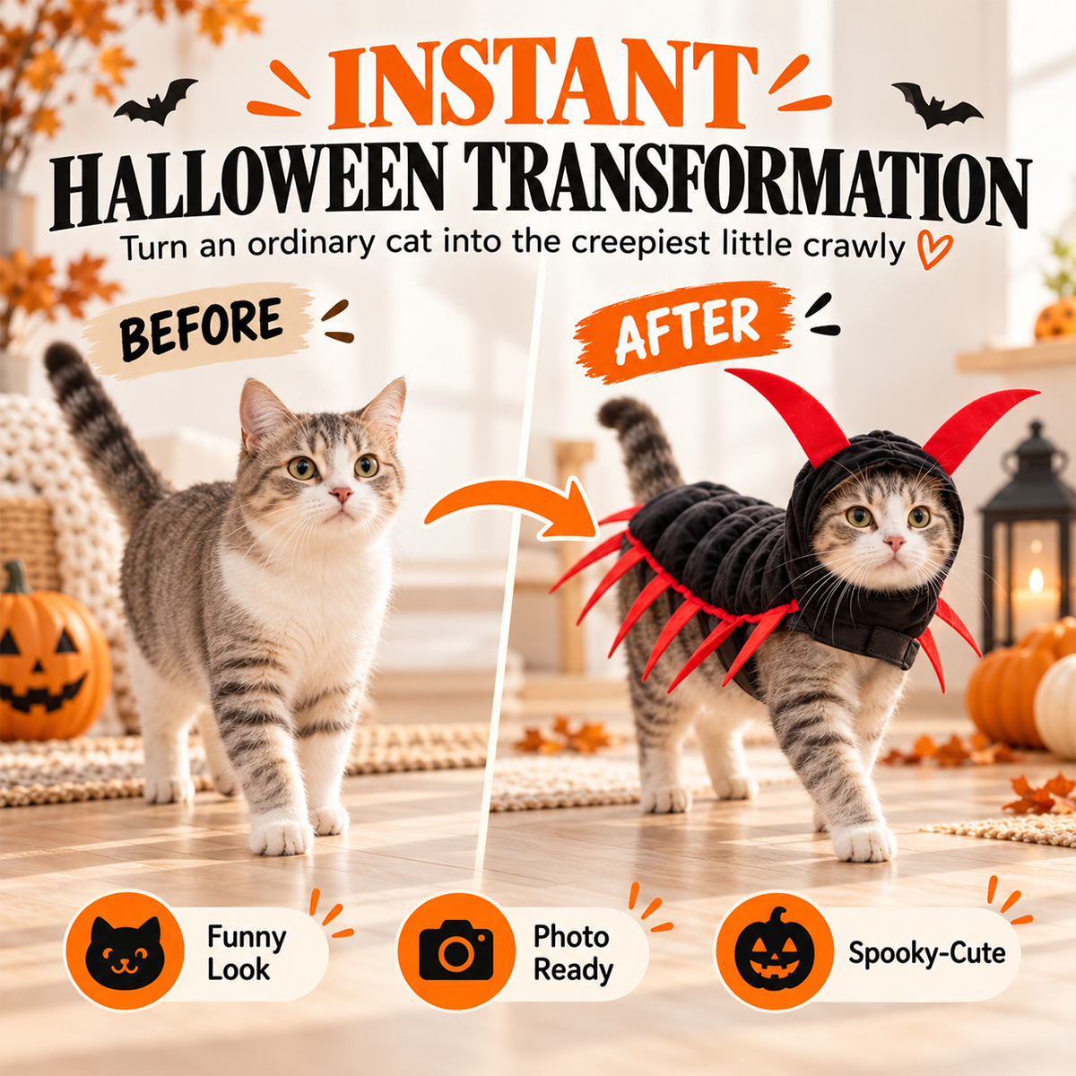 Halloween Cat Centipede Costume – Hooded Creepy Crawly Pet Outfit