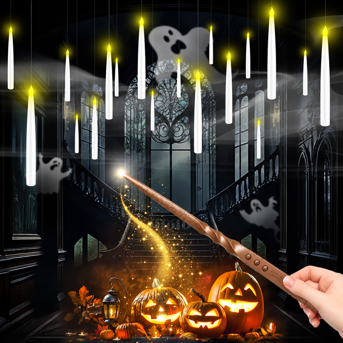 Christmas & Halloween Flameless LED Floating Candles – Magic Wand Remote & 12 Hooks