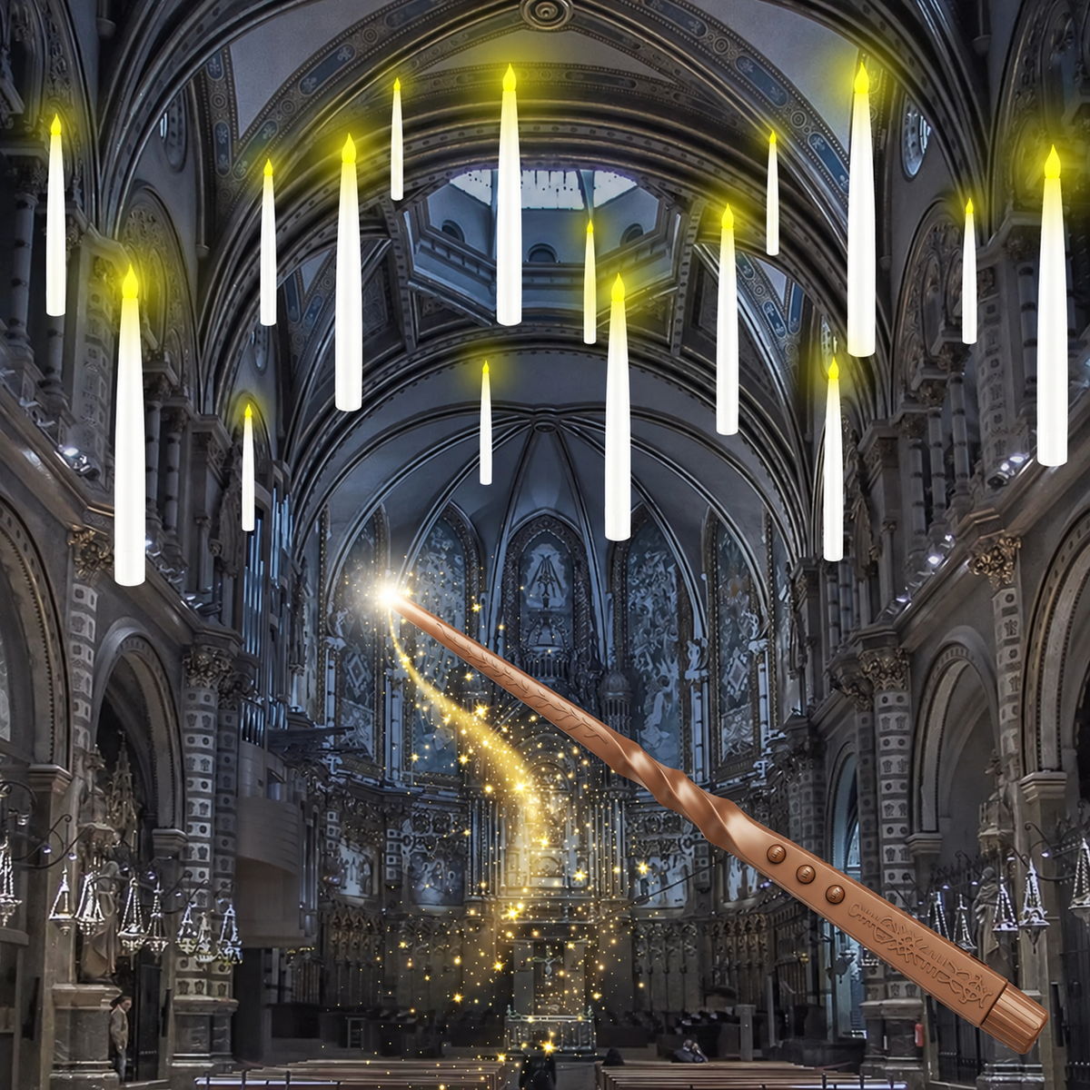 Christmas & Halloween Flameless LED Floating Candles – Magic Wand Remote & 12 Hooks