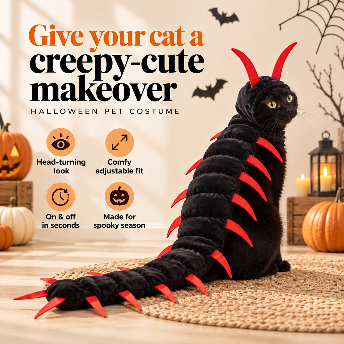 Halloween Cat Centipede Costume – Hooded Creepy Crawly Pet Outfit