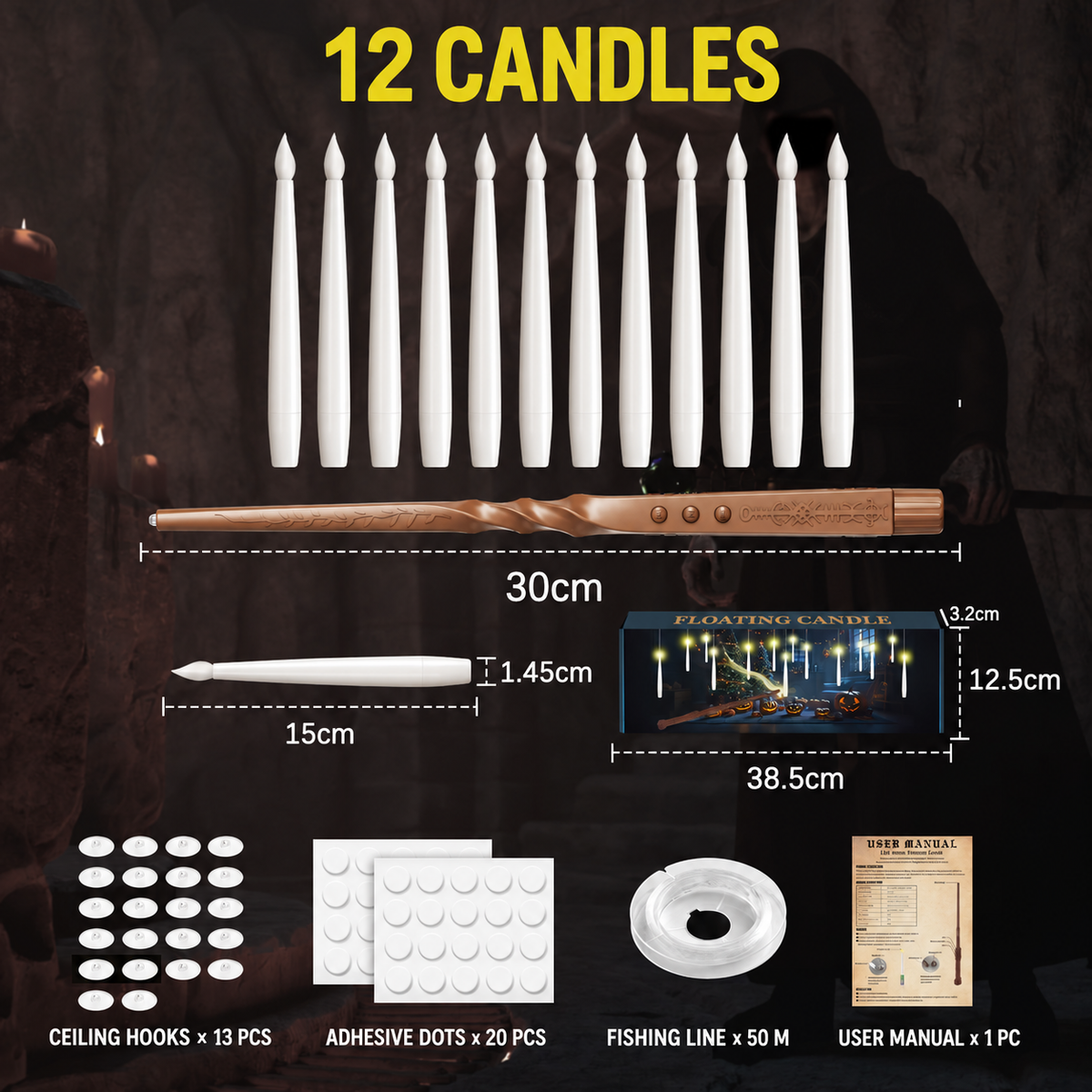 Christmas & Halloween Flameless LED Floating Candles – Magic Wand Remote & 12 Hooks