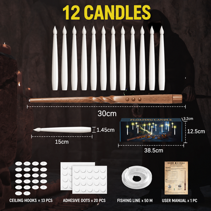 Christmas & Halloween Flameless LED Floating Candles – Magic Wand Remote & 12 Hooks
