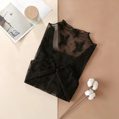 Elegant Lace Mesh Long Sleeve Tight Fit Innerwear Top Soft Breathable Stretchy Lightweight