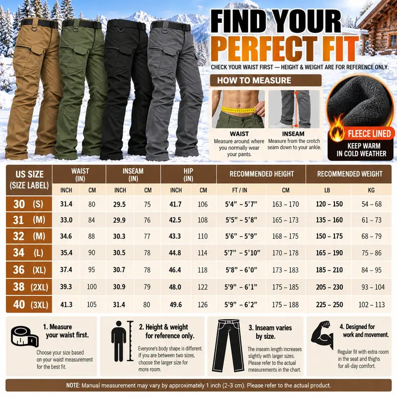 Men's Fleece Lined Tactical Cargo Pants Windproof Warm Multi Pockets