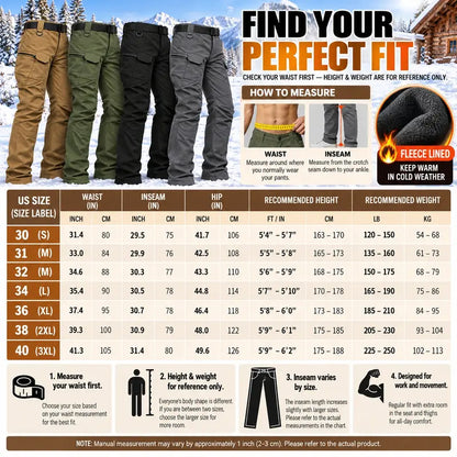 Men's Fleece Lined Tactical Cargo Pants Windproof Warm Multi Pockets