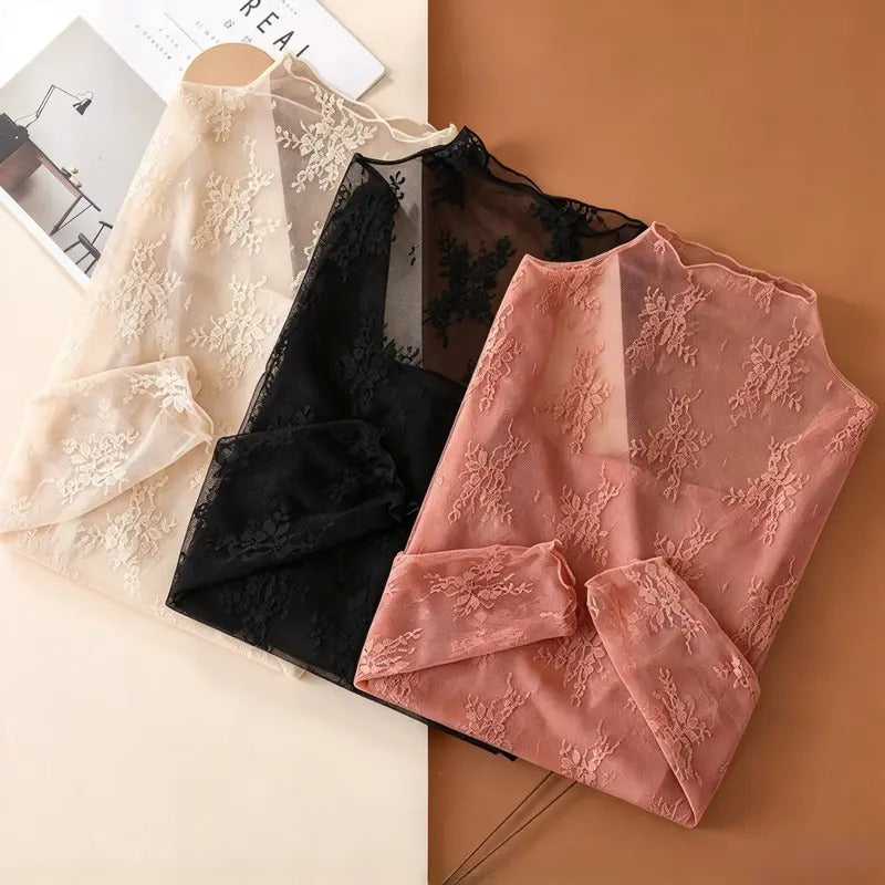 Elegant Lace Mesh Long Sleeve Tight Fit Innerwear Top Soft Breathable Stretchy Lightweight