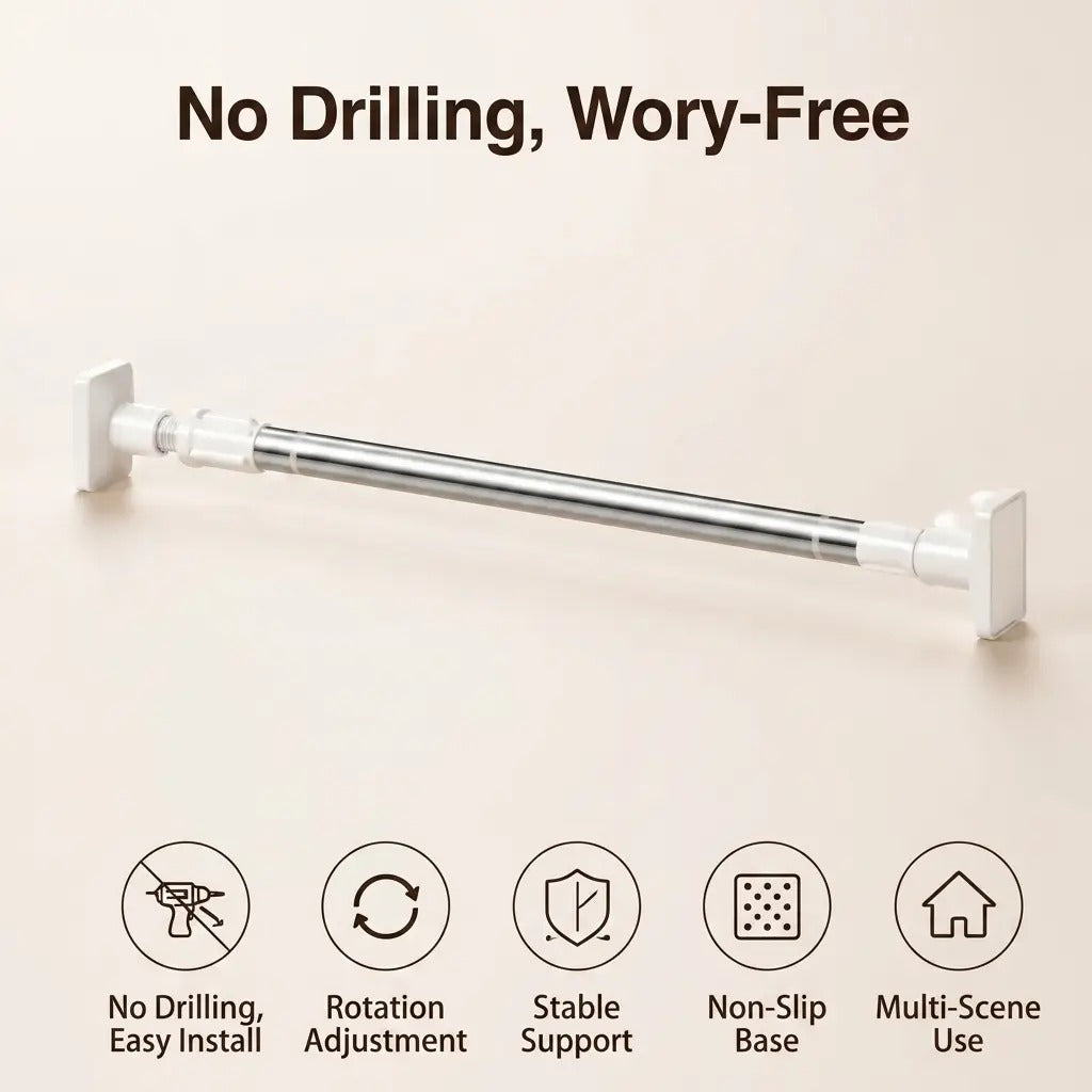 Adjustable No Drill Tension Curtain Rod Telescoping Spring Pole For Bathroom Closet & Window