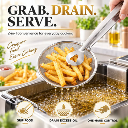 2-in-1 Stainless Steel Strainer Tongs – Fine Mesh Skimmer Clip for Frying Hot Pot Noodles
