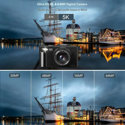 Point and Shoot Digital Camera 5K 64MP Flip Screen 18X Zoom 32GB Vlogging Camera