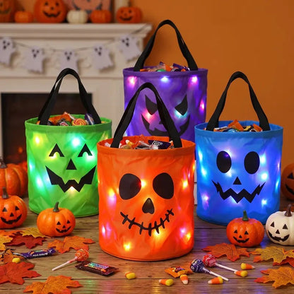 Halloween LED Candy Bucket & Reusable Pumpkin Tote Bags Non-Woven Trick or Treat Bags