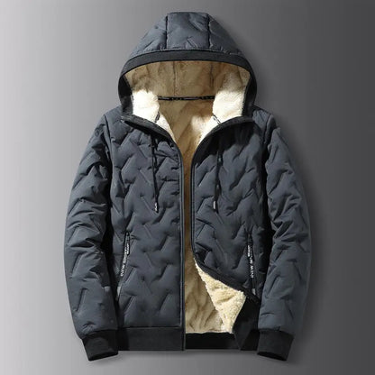 2026 Men's Hooded Velvet Jacket Fleece Lined Waterproof Windproof Solid Color Coat