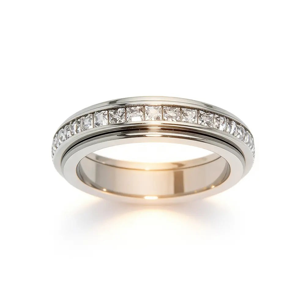 Titanium Steel Spinner Fidget Ring With Cubic Zirconia For Stress Relief & Wedding Promise Comfort Fit Size 5 To 12