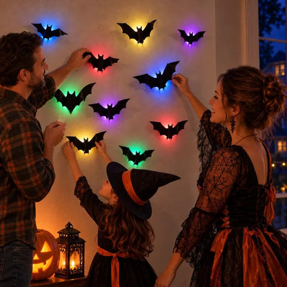 Halloween 3D LED Bat Lights 12-Piece Set – Spooky Bendable Wall Stickers