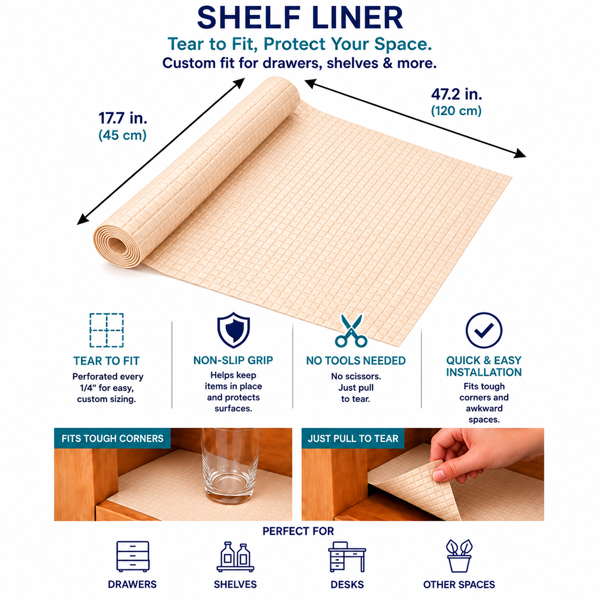 Zip-N-Fit Grip Liner Tear to Fit Non Slip Shelf Drawer Cabinet Liner No Scissors No Measuring