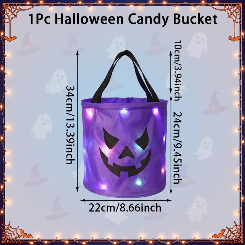 Halloween LED Candy Bucket & Reusable Pumpkin Tote Bags Non-Woven Trick or Treat Bags