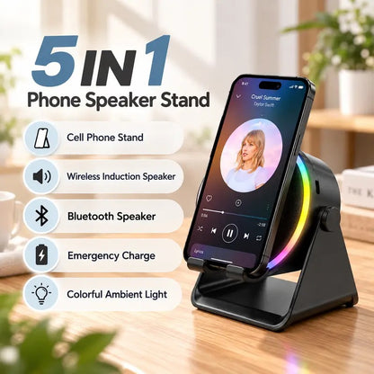 5-in-1 Wireless Bluetooth Speaker with 360° LED Stand & Universal Phone Holder