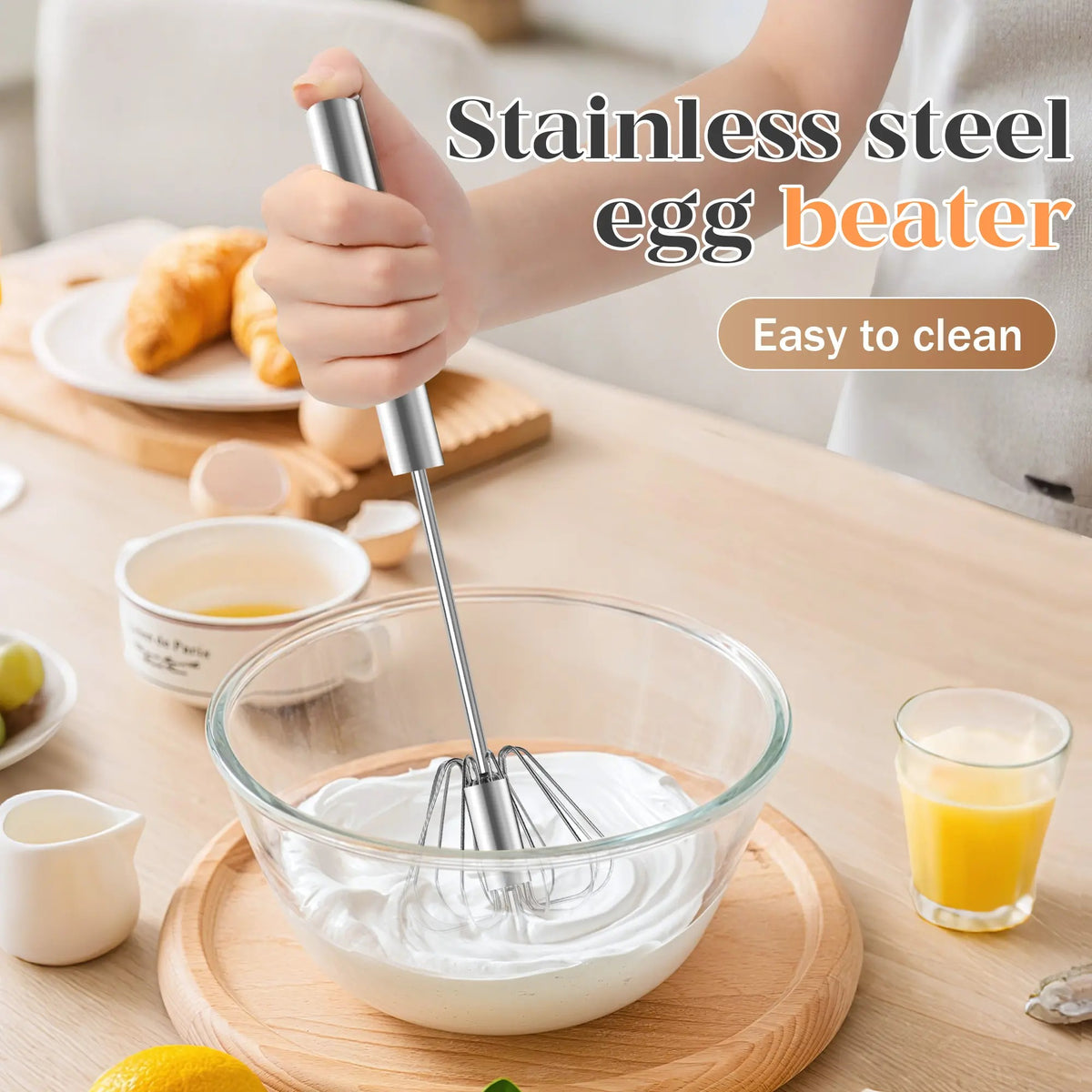 Stainless Steel Hand Push Spinning Wire Whisk Semi Automatic Easy Clean