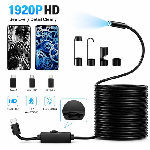 Endoscope Camera – 8 LED, 11.48ft Semi-Rigid Cable, IP67 Waterproof, Plug & Play for iPhone & Android