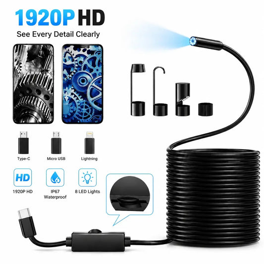 Endoscope Camera – 8 LED, 11.48ft Semi-Rigid Cable, IP67 Waterproof, Plug & Play for iPhone & Android