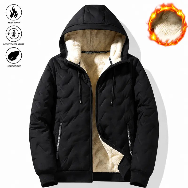 2026 Men's Hooded Velvet Jacket Fleece Lined Waterproof Windproof Solid Color Coat