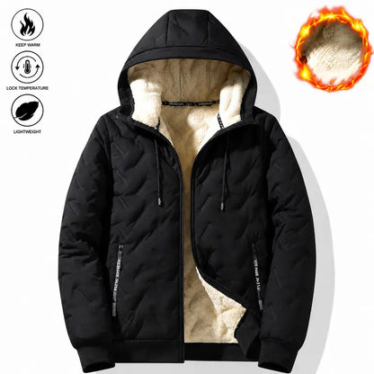 2026 Men's Hooded Velvet Jacket Fleece Lined Waterproof Windproof Solid Color Coat