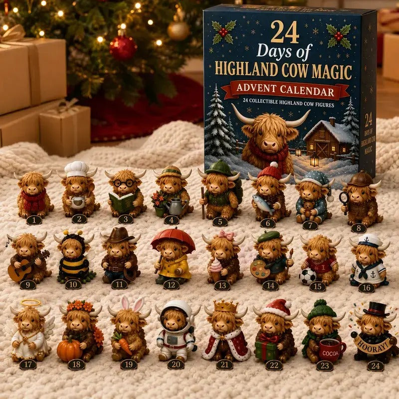 24 Day Highland Cow Advent Calendar Christmas Countdown Gift Box with Collectible Mini Figurines for Kids