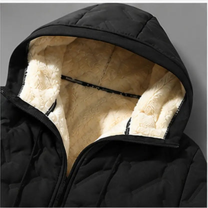 2026 Men's Hooded Velvet Jacket Fleece Lined Waterproof Windproof Solid Color Coat
