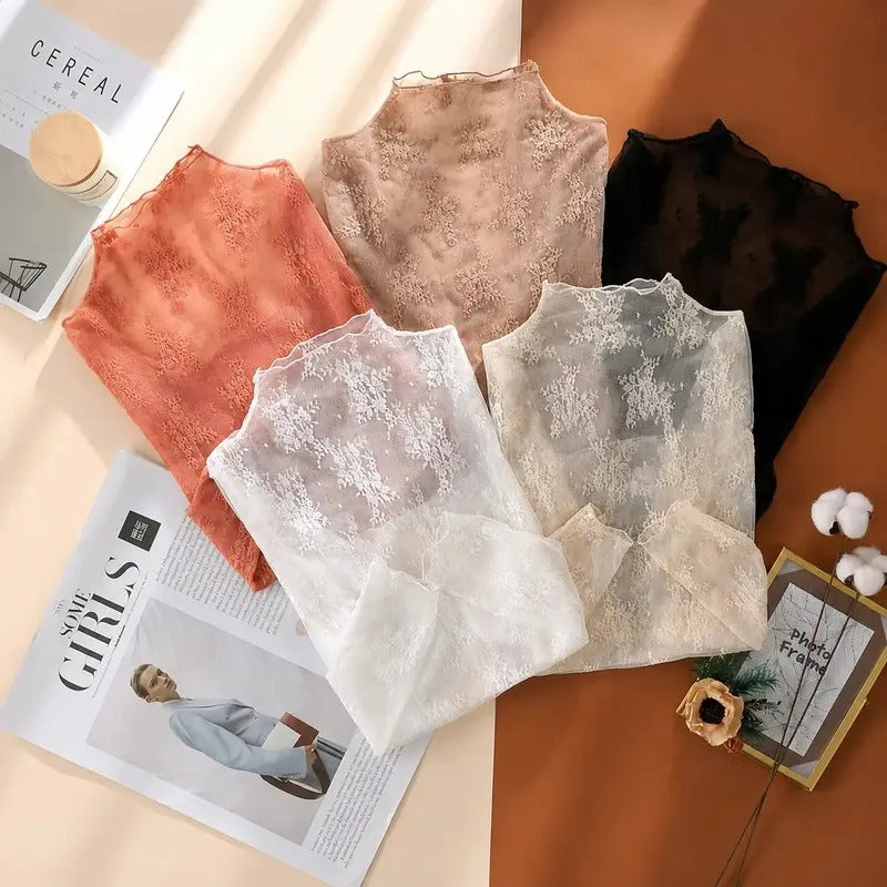 Elegant Lace Mesh Long Sleeve Tight Fit Innerwear Top Soft Breathable Stretchy Lightweight