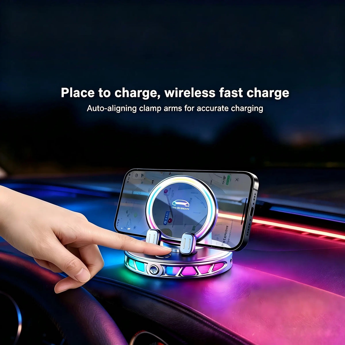 360° Rotating Wireless Charging Car Phone Mount RGB Light Ultra-Stable Suction Auto-Lock for iPhone & Android