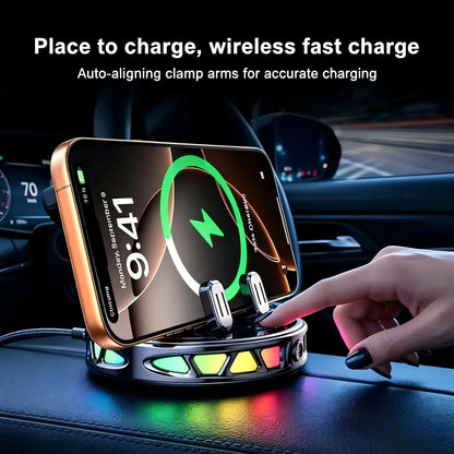 360° Rotating Wireless Charging Car Phone Mount RGB Light Ultra-Stable Suction Auto-Lock for iPhone & Android