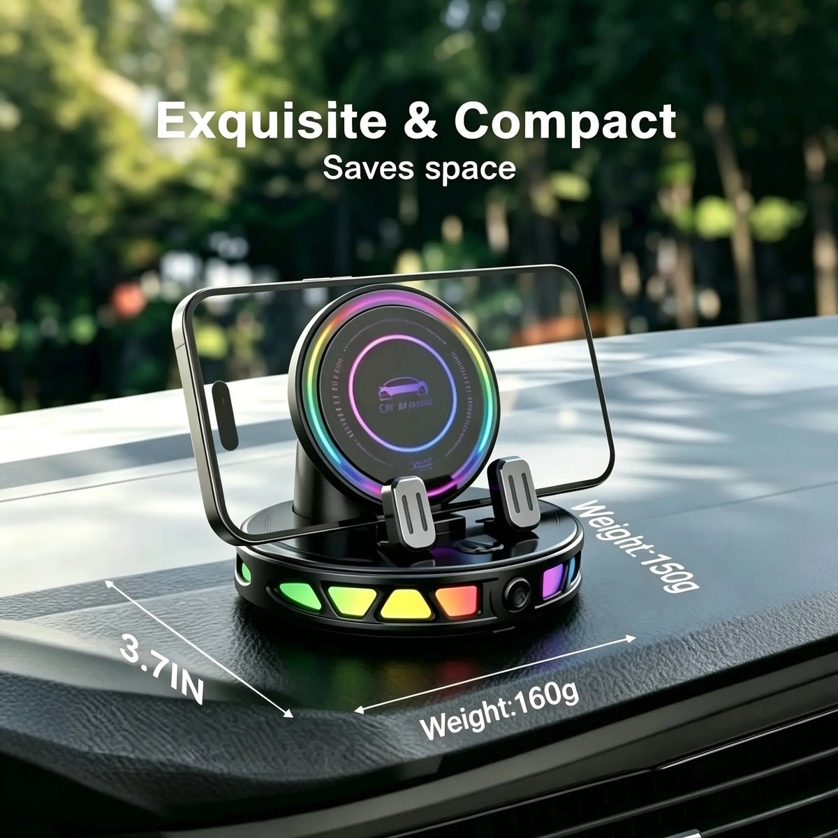 360° Rotating Wireless Charging Car Phone Mount RGB Light Ultra-Stable Suction Auto-Lock for iPhone & Android