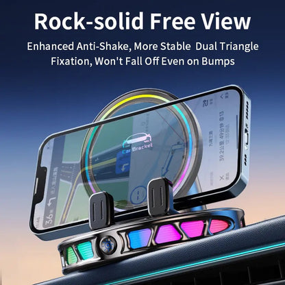 360° Rotating Wireless Charging Car Phone Mount RGB Light Ultra-Stable Suction Auto-Lock for iPhone & Android