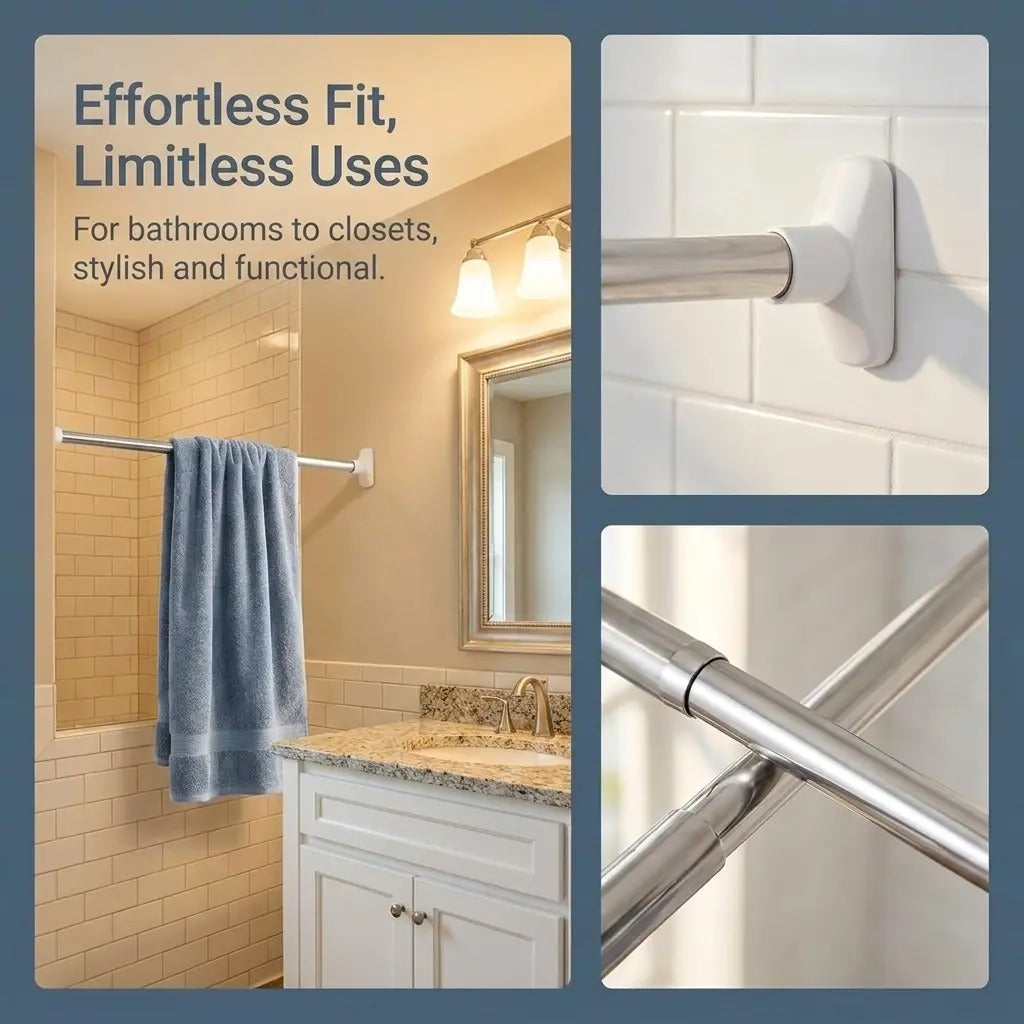 Adjustable No Drill Tension Curtain Rod Telescoping Spring Pole For Bathroom Closet & Window