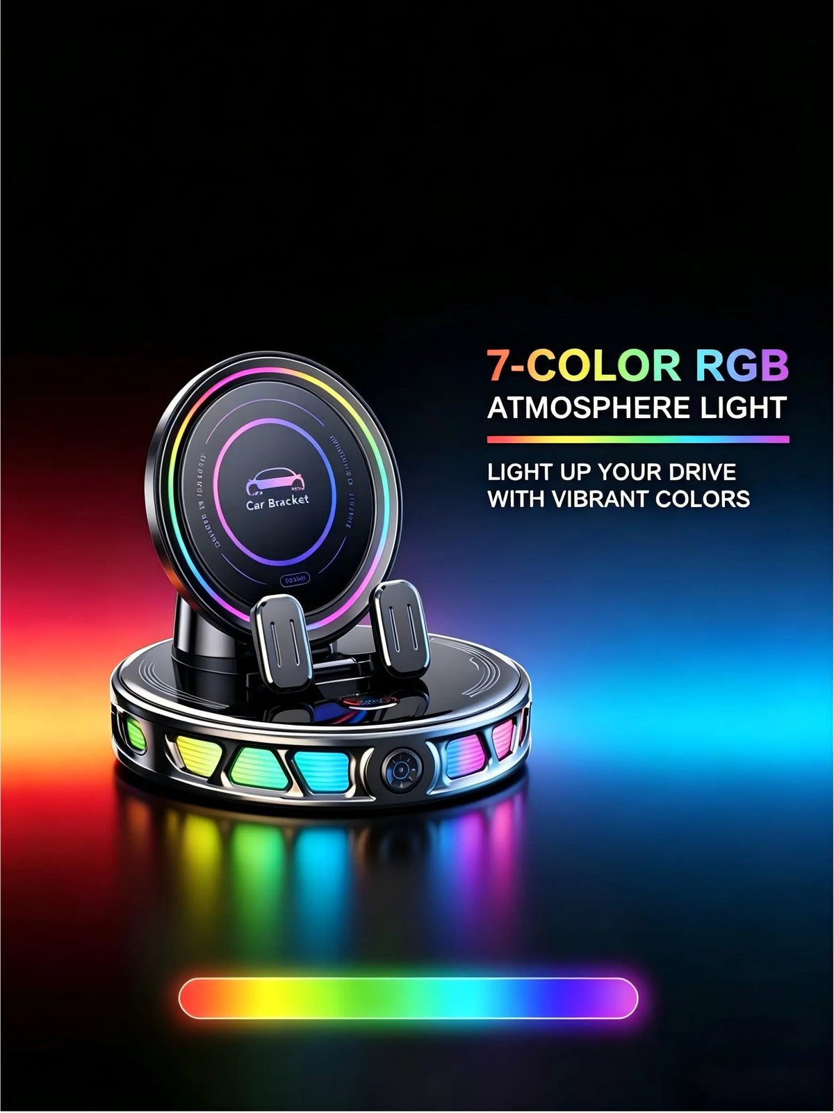 360° Rotating Wireless Charging Car Phone Mount RGB Light Ultra-Stable Suction Auto-Lock for iPhone & Android