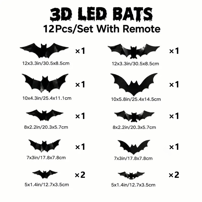 Halloween 3D LED Bat Lights 12-Piece Set – Spooky Bendable Wall Stickers