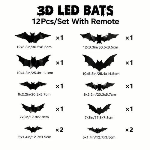 Halloween 3D LED Bat Lights 12-Piece Set – Spooky Bendable Wall Stickers