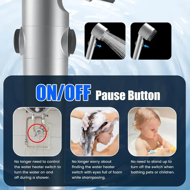 Handheld Shower Head with ON OFF Switch Multi Mode High Pressure Turbo Spray for Hard Water