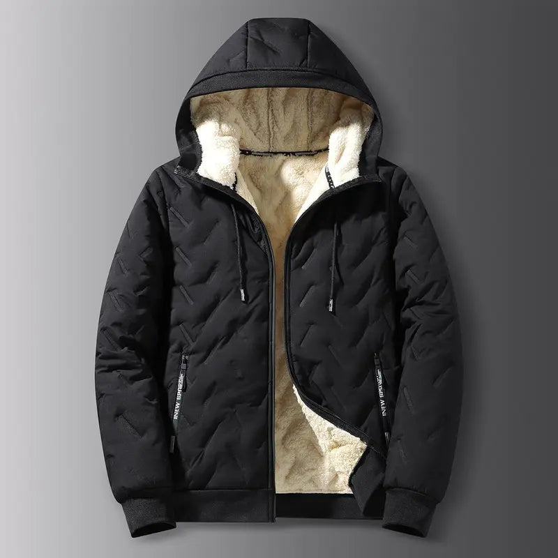 2026 Men's Hooded Velvet Jacket Fleece Lined Waterproof Windproof Solid Color Coat