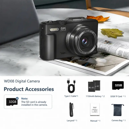 Point and Shoot Digital Camera 5K 64MP Flip Screen 18X Zoom 32GB Vlogging Camera