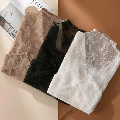 Elegant Lace Mesh Long Sleeve Tight Fit Innerwear Top Soft Breathable Stretchy Lightweight